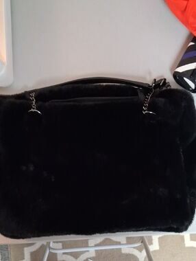 Black Faux Fur Shoulder Bag with Chain Accents By Expressions NYC